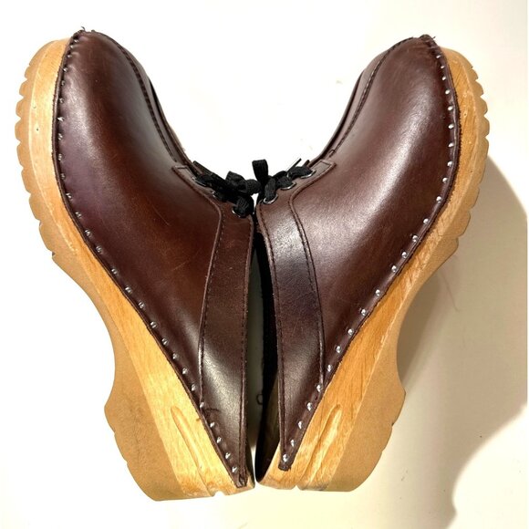 Troentorp Swedish Clogs Brown Leather Lace-Up Size 41 Wooden Sole Handmade Shoes - Picture 7 of 16